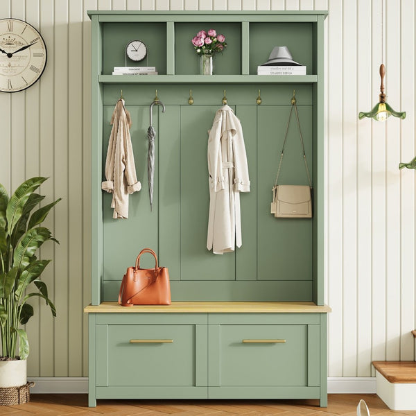 English Elm On-trend Entryway Hall Tree with Gold Hooks Bench Drawers and Shoe Cabinet Storage Mint Green N721S000056M-1