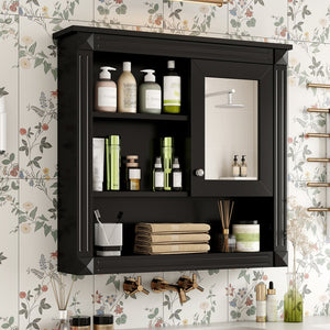 English Elm 32'' Bathroom Wall Cabinet Mirror — 32-inch Wall-Mounted Medicine Cabinet with Adjustable Shelves for Streamlined Bathroom Storage and Stylish Organization Black N710P254922B