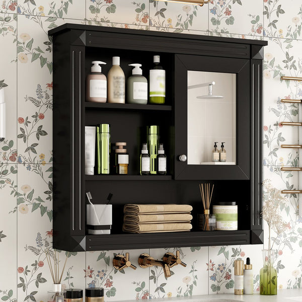 English Elm 32'' Bathroom Wall Cabinet Mirror — 32-inch Wall-Mounted Medicine Cabinet with Adjustable Shelves for Streamlined Bathroom Storage and Stylish Organization Black N710P254922B