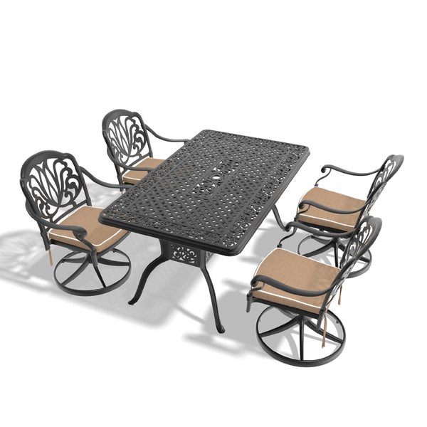 English Elm 5-Piece Stylish Cast Aluminum Dining Set With 4 Swivel Chairs, Cushions & Umbrella Hole For Outdoors W1710S00281