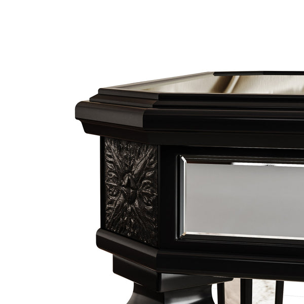 English Elm Silver Mirrored Coffee Table with Vintage Carved Accents, Rectangular Glass Top, Elegant Centerpiece, Durable & Easy-Clean Finish W1445P299191