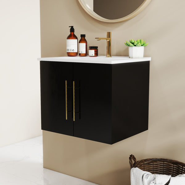 English Elm 24-Inch Wall-Mounted Bathroom Vanity With Gold Accents, Soft-Close Doors & Ample Storage Space W3151S00034