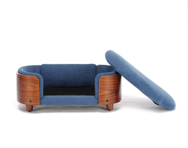 English Elm Scandinavian Elevated Pet Sofa Bed with Walnut Bent Wood Back, Velvet Stain-Resistant Fabric, Cozy Rest Dark Blue W794125923