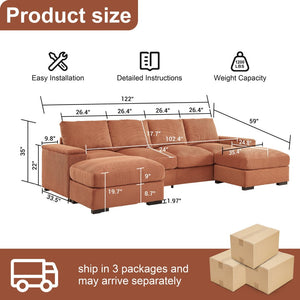 English Elm 122"l Corduroy Sectional with Dual Ottomans Modular U-shape Sofa for Modern Living Orange W1669S00022