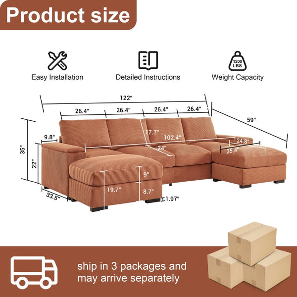 English Elm 122"l Corduroy Sectional with Dual Ottomans Modular U-shape Sofa for Modern Living Orange W1669S00022