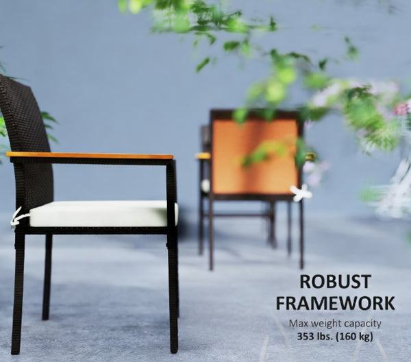 English Elm Set of 2 Stackable Pe Rattan Outdoor Dining Chairs with Acacia Armrests and Cushions T3971P430542