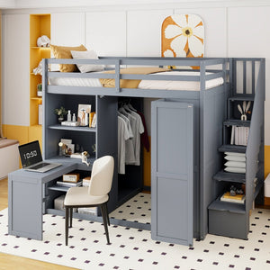 English Elm Full Size Loft Bed with Built-in Desk Wardrobe and Shelves for Teen Bedroom LT100679AEE
