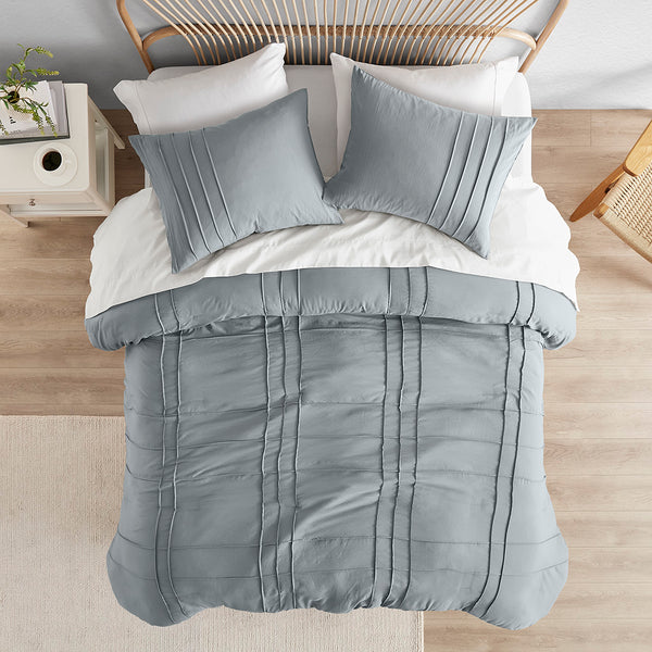 JLA Home Comfort Spaces - Soft Pinch-Pleat Microfiber Comforter Set with Subtle Grid Texture, Year-Round Lightweight Warmth Blue/Grey AM10-0141