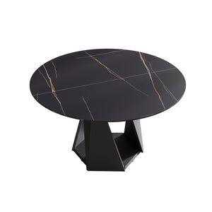 English Elm 53" Round Artificial Marble Dining Table For 6 With Sturdy Black Iron Base - Modern Elegance! W1535S00398