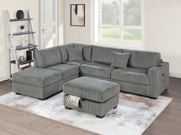 English Elm Smoke 3-Piece Corduroy Sectional Sofa Set with Reversible Chaise, USB & Storage Ottoman, Pillows Included B011S01774