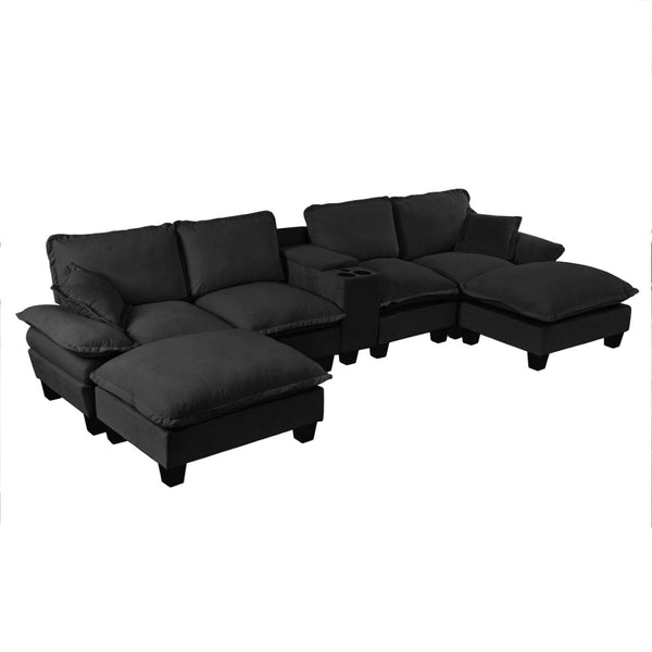 English Elm Modular Cloud Sofa U-shape Chenille Sectional with Storage Usb Charging Ottomans Black W3163S00123