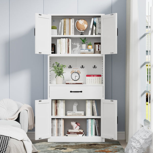 English Elm 71 Inch Steel Kitchen Pantry Cabinet with Adjustable Shelves Drawer and Hooks Modern White T2398P413028