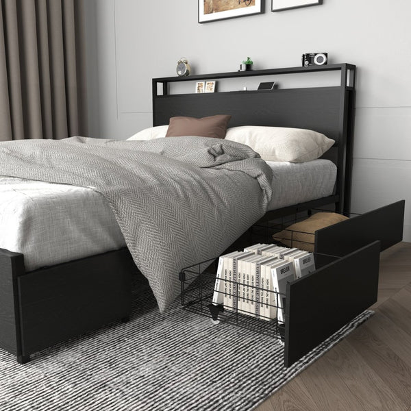 English Elm Queen Platform Bed with Led Headboard Six Storage Drawers and Built-in Charging W2129P314789