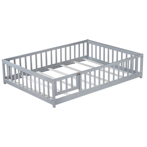 English Elm Twin Solid Rubberwood Floor Bed with Full Perimeter Safety Rails for Toddler Rooms Grey W504P296784