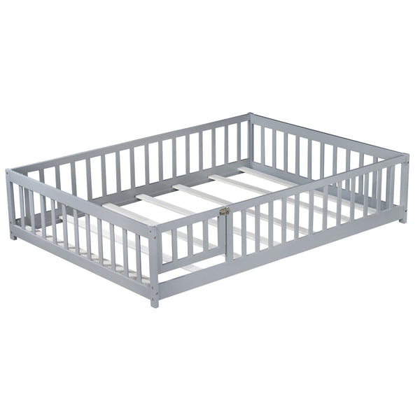 English Elm Twin Solid Rubberwood Floor Bed with Full Perimeter Safety Rails for Toddler Rooms Grey W504P296784