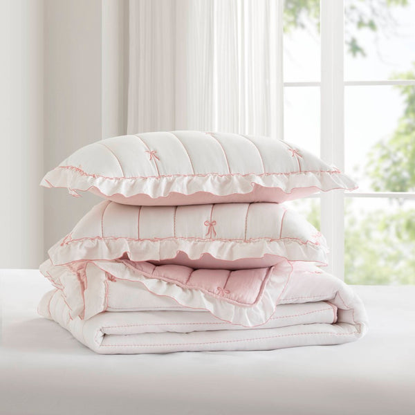 English Elm 3-piece Reversible Microfiber Quilt Set Bow Embroidery Ruffled Trim Romantic Bedroom Pink+White B035P482881