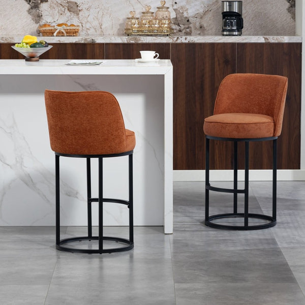 English Elm Counter Height Barstools Set of 2 Linen Upholstered Barrel Seat with Iron Legs Orange W395P410432