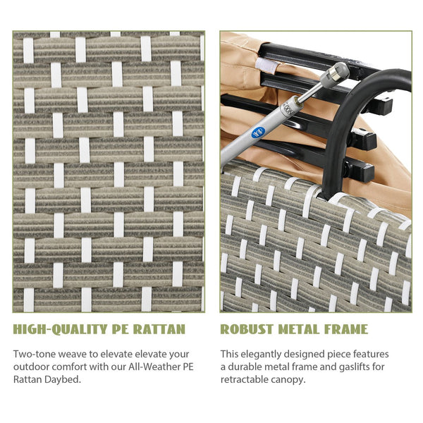 English Elm TOPMAX All-Weather Rattan Round Sectional Daybed with Retractable Canopy, Adjustable Table & Cushions Light Coffee SP100023AAC