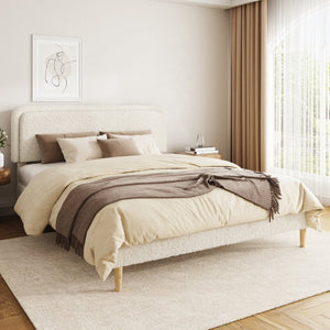 English Elm Queen Velvet Tufted Platform Bed Adjustable Headboard Steel Frame No Box Spring Beige W5239P503300