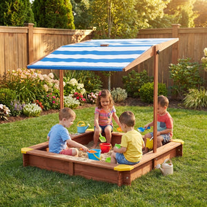 English Elm Kids Cedar Sandbox with Adjustable Canopy Corner Seating Outdoor Backyard Play D720094431