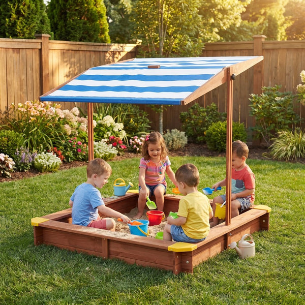 English Elm Kids Cedar Sandbox with Adjustable Canopy Corner Seating Outdoor Backyard Play D720094431