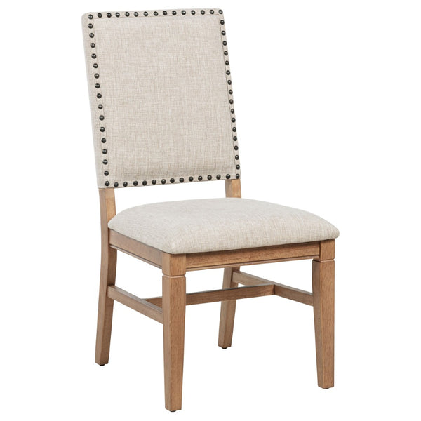 English Elm Carlos Pine Trestle Dining Set Seats Six with Nailhead Upholstered Chairs Natural Finish B062S01802