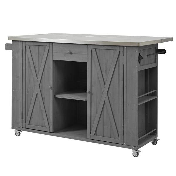 English Elm Outdoor Kitchen Island Solid Fir Wood with Foldable Stainless Top, Ample Storage, Wheels, Opener Grey N719P246553R