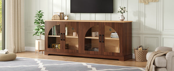 English Elm Farmhouse Media Console with Arched Glass Doors Wood Grain Two Tone Living Room Storage Walnut N721P411204P