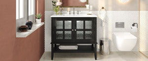 English Elm Christopher Knight Home® - 36" Bathroom Vanity with Ceramic Sink, Solid Wood Legs, Waterproof Finish, Soft-Close Hinges, Open Shelf, Silver Knobs Black N817P286249B