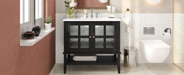 English Elm Christopher Knight Home® - 36" Bathroom Vanity with Ceramic Sink, Solid Wood Legs, Waterproof Finish, Soft-Close Hinges, Open Shelf, Silver Knobs Black N817P286249B