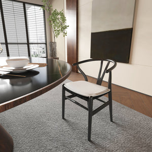 English Elm Wishbone Ergonomic Dining Chair in Beech Wood with Curved Armrest, Weave Seat & Removable Cushion Black W2812P194709