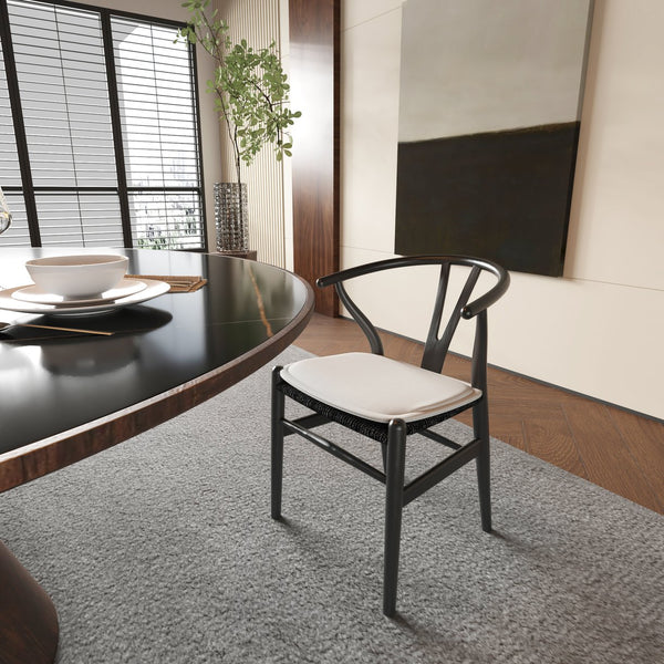 English Elm Wishbone Ergonomic Dining Chair in Beech Wood with Curved Armrest, Weave Seat & Removable Cushion Black W2812P194709