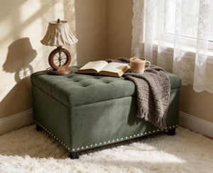 English Elm Storage Ottoman Tufted Nailhead Trim Lift Top Footstool for Living Room or Bedroom Green W5568P447090