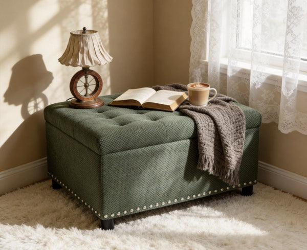 English Elm Storage Ottoman Tufted Nailhead Trim Lift Top Footstool for Living Room or Bedroom Green W5568P447090