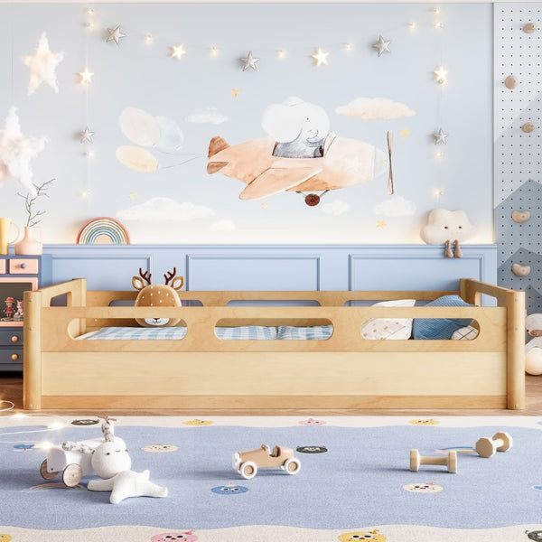 English Elm Twin Low Profile Floor Bed with Guardrails Pine Wood Frame Minimalist Bedroom Natural W1580P438791