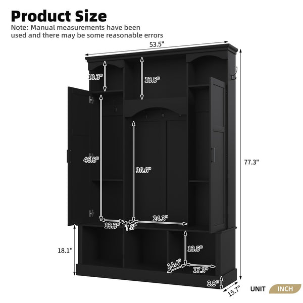 English Elm On-trend Farmhouse Hall Tree with Dual Cabinets Seven Hooks and Arched Entryway Storage Black N721S000078B