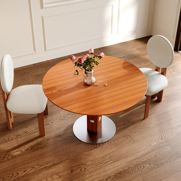 English Elm Farmhouse Round Small Dining Table - Walnut Finish Solid Wood For 2-4 People, Space-Saving Design T3833S00061