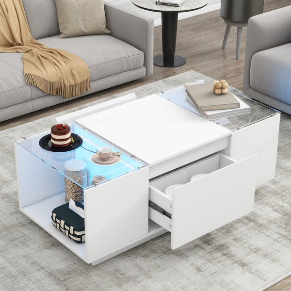 English Elm U-Can LED Coffee Table with Glass Top, 16-Color Bluetooth APP Lighting, Hidden Drawers & Open Storage White N724P290056K