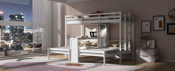 English Elm Twin Triple Bunk Bed with Built in Desk Open Shelving and Led Task Lighting White N7090002243K