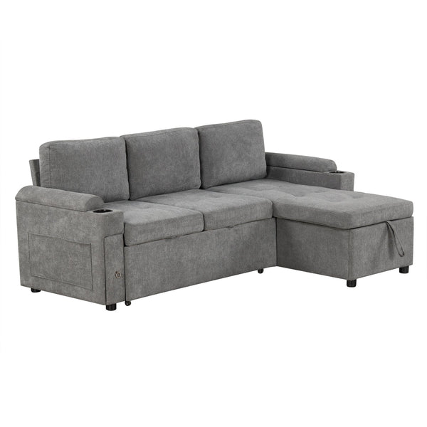 English Elm 83.5" L-shaped Sofa Couch Convertible Sectional with Reversible Chaise, Hidden Storage, USB Ports Gray N719S001790E