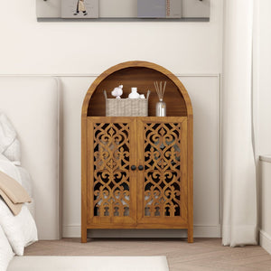 English Elm Hand-carved Solid Wood Tall Narrow Cabinet with Floral Arched Doors and Open Shelving W3123P485765