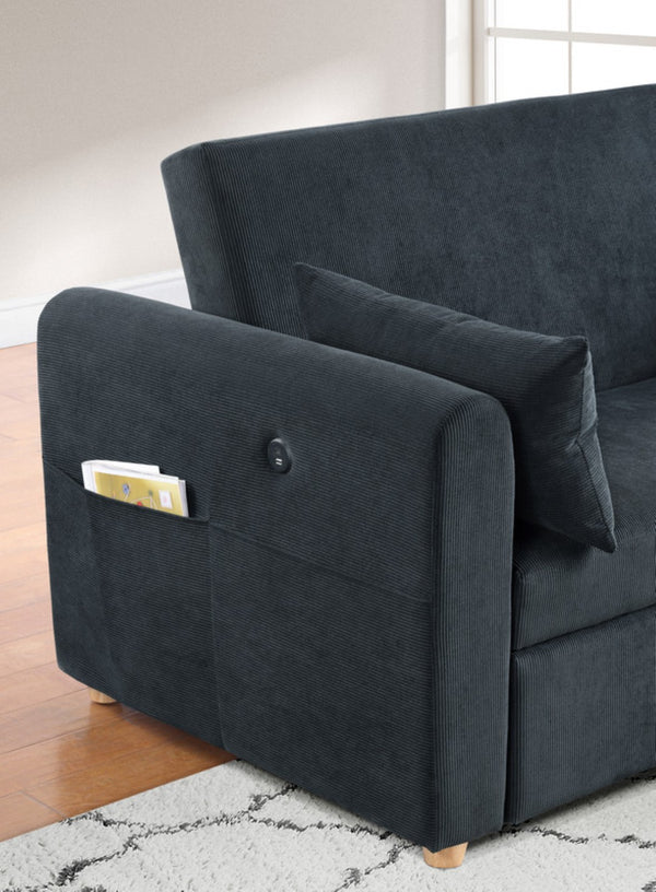 English Elm Mireille Corduroy Convertible Sleeper Loveseat with Usb Charging and Storage Pockets Black B2749P413228