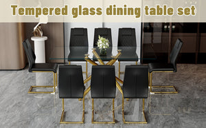 English Elm Table Set: Modern 9-Piece Luxurious Transparent Glass Dining Set With 8 Black Pu Chairs & Gold Legs W1151S02590-GIGA