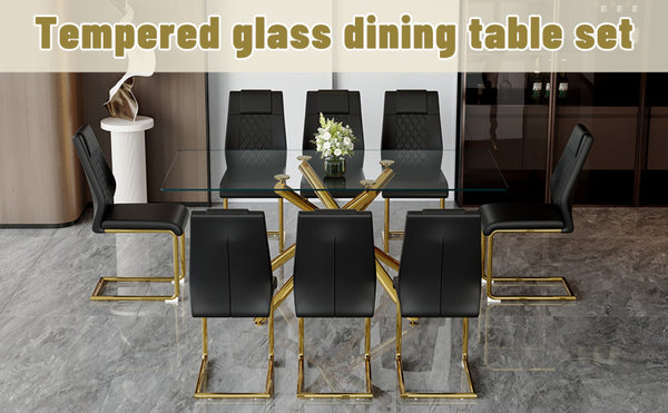 English Elm Table Set: Modern 9-Piece Luxurious Transparent Glass Dining Set With 8 Black Pu Chairs & Gold Legs W1151S02590-GIGA