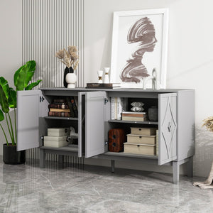 English Elm 4 Door Sideboard Buffet with Hand Carved Geometric Panels Black Oak Finish Raised Legs W688P359831