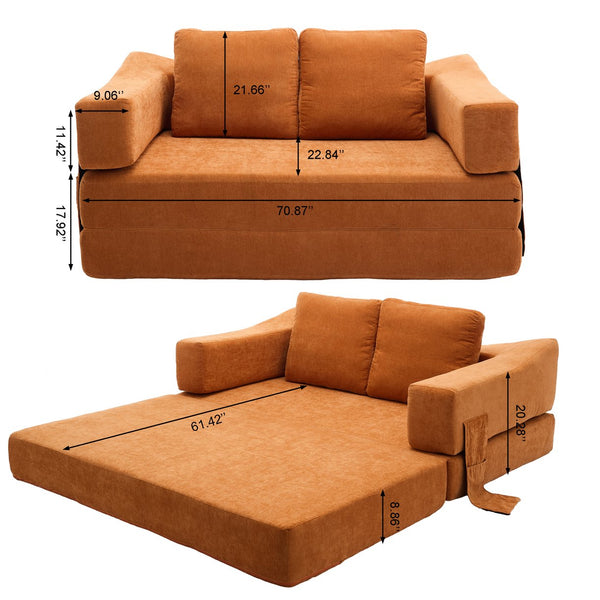 English Elm Modern Minimalist Sofa Fold-Out Convertible Floor Couch Bed with Removable Backrest Chenille Orange, Modular Comfort and Side Pockets W1829P186302