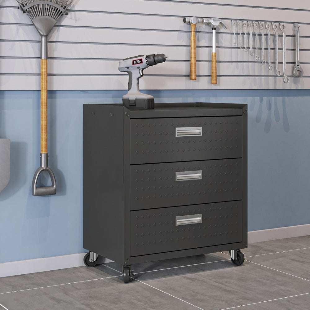 English Elm Rolling Metal Garage Cabinet with Locking Doors Diamond Texture Industrial Storage Charcoal Grey B365P398219