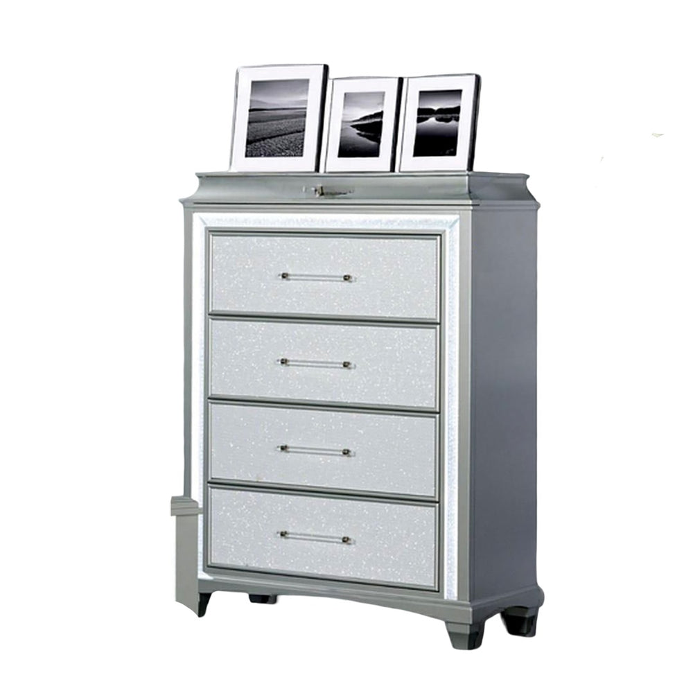 English Elm Glamour Metallic Gray 5-Drawer Chest 40"W x 54"H Glamorous Acrylic Trim LED Handles Modern Bedroom B2741P396695