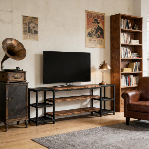 English Elm Media Console Industrial Tv Stand with Rustic Wood Tone Finish and Black Metal Frame T3971P452571