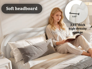 English Elm Queen Chenille Upholstered Bed Curved Headboard Oak Legs Wooden Slat Platform Frame W1716P387791